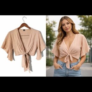 Tan tie Front Crop Top Flutter Sleeve Boho Blouse